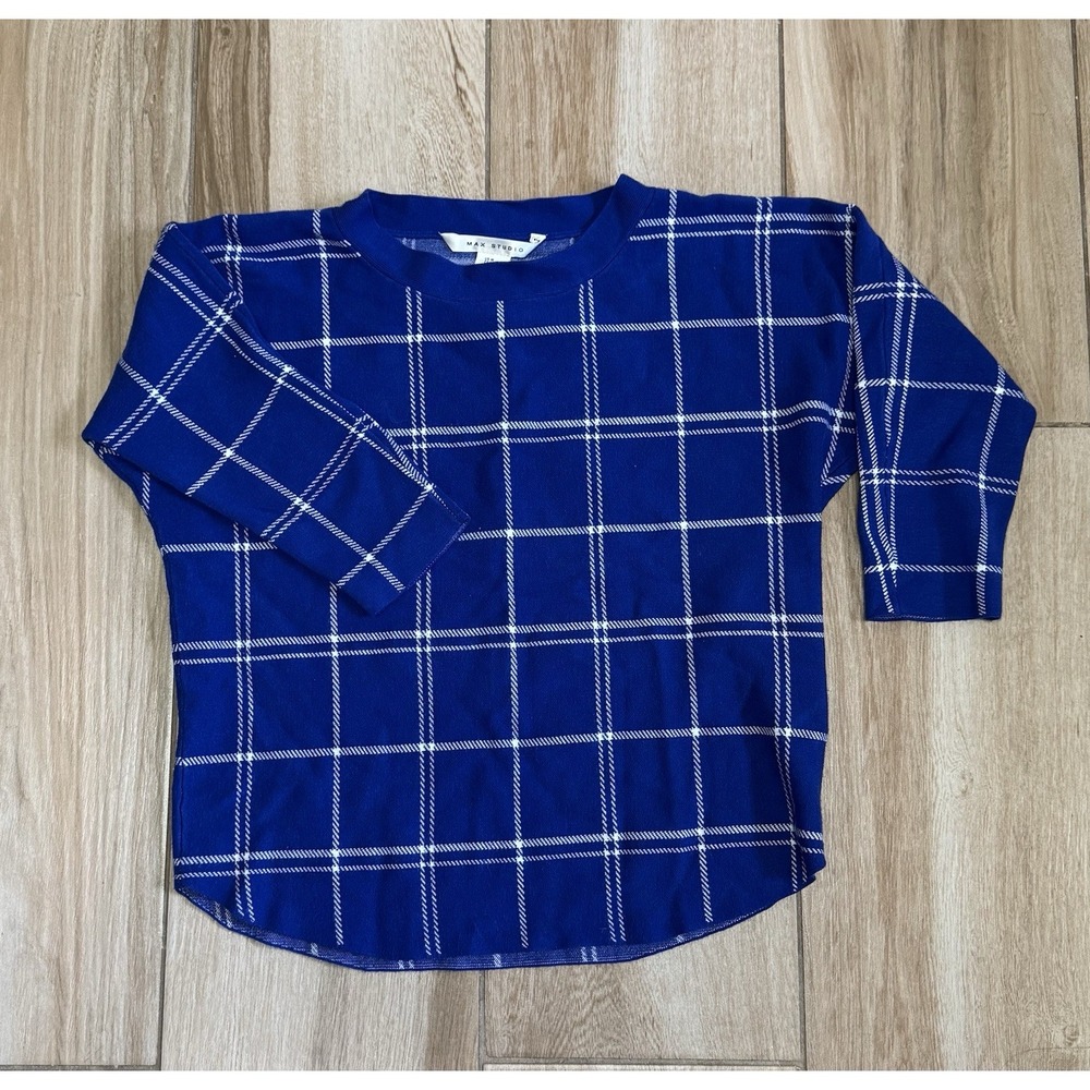 Max Studio cobalt blue white plaid quarter sleeve pullover sweater Medium